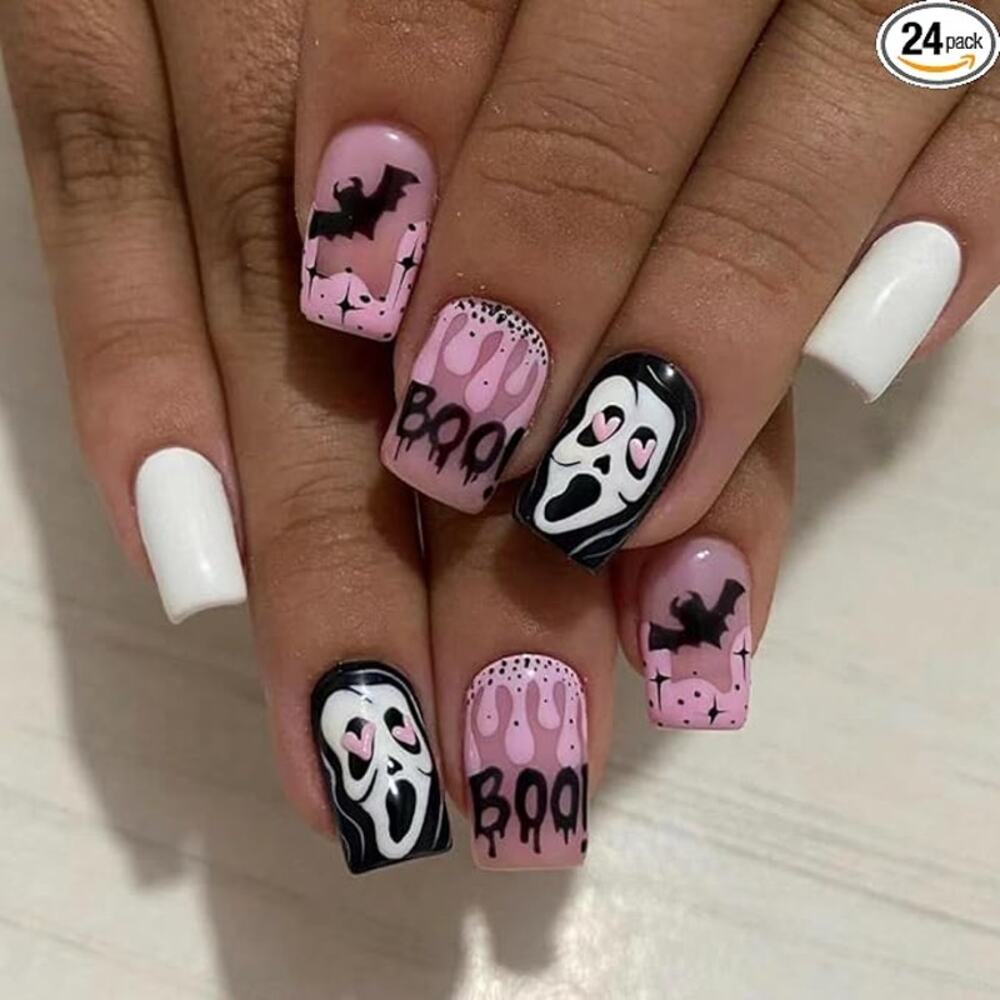 24 Pcs Halloween Press on Acrylic Nails Short Square Pink Ghost Bat Design fake